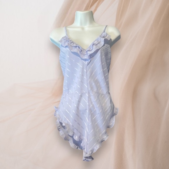 Vintage Barbizon Sheer Lavender Jacquard Stripe Ruffle Trim Teddy